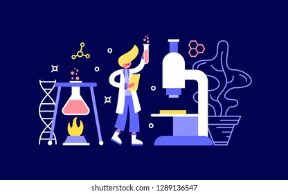 A scientist with a flask and a microscope. Scientific office. Flat illustration