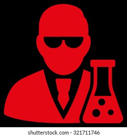 Scientist With Flask vector icon. Style is flat symbol, red color, rounded angles, black background.