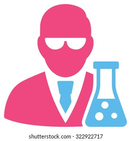 Scientist With Flask vector icon. Style is bicolor flat symbol, pink and blue colors, rounded angles, white background.