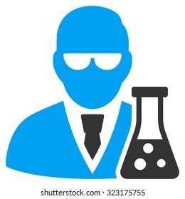 Scientist With Flask vector icon. Style is bicolor flat symbol, blue and gray colors, rounded angles, white background.