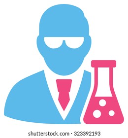 Scientist With Flask vector icon. Style is bicolor flat symbol, pink and blue colors, rounded angles, white background.