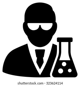 Scientist With Flask vector icon. Style is flat symbol, black color, rounded angles, white background.