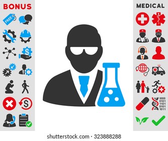 Scientist With Flask vector icon. Style is bicolor flat symbol, blue and gray colors, rounded angles, white background.