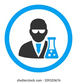 Scientist With Flask vector icon. Style is bicolor flat rounded symbol, blue and gray colors, rounded angles, white background.