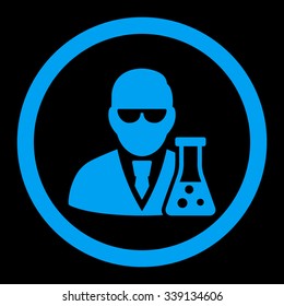 Scientist With Flask vector icon. Style is flat rounded symbol, blue color, rounded angles, black background.