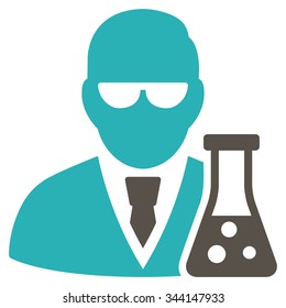 Scientist With Flask vector icon. Style is bicolor flat symbol, grey and cyan colors, rounded angles, white background.