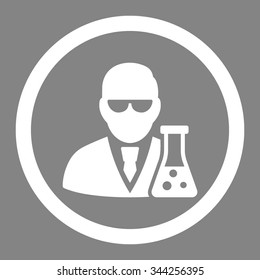 Scientist With Flask vector icon. Style is flat rounded symbol, white color, rounded angles, gray background.