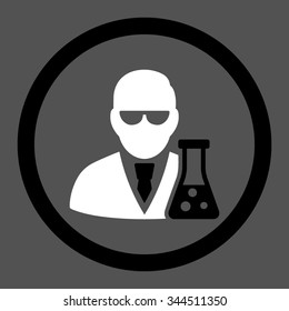 Scientist With Flask vector icon. Style is bicolor flat rounded symbol, black and white colors, rounded angles, gray background.