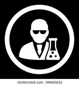 Scientist With Flask vector icon. Style is flat rounded symbol, white color, rounded angles, black background.