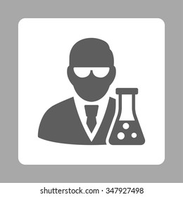 Scientist With Flask vector icon. Style is flat rounded square button, dark gray and white colors, silver background.