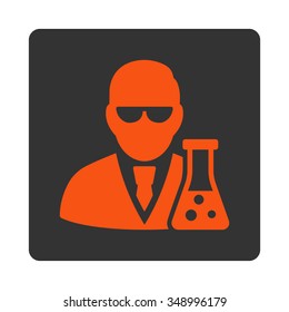Scientist With Flask vector icon. Style is flat rounded square button, orange and gray colors, white background.