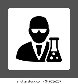 Scientist With Flask vector icon. Style is flat rounded square button, black and white colors, gray background.