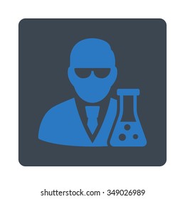 Scientist With Flask vector icon. Style is flat rounded square button, smooth blue colors, white background.