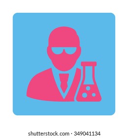 Scientist With Flask vector icon. Style is flat rounded square button, pink and blue colors, white background.