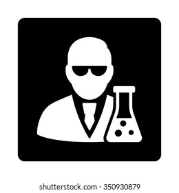 Scientist With Flask vector icon. Style is flat rounded square button, white and black colors, white background.