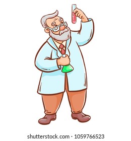 Scientist with flasks. Cartoon style.