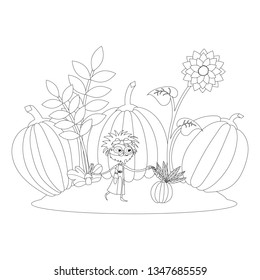 Scientist with flasks on a meadow with leaves, mushrooms, a sunflower, wheat and gigantic pumpkins. Black and white sketch, element for a colouring book. Cartoon style illustration. Vector.