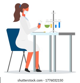 Scientist with flasks sitting at table. Engineer woman wearing face mask and white gown holding tube with sample in hand. Laboratory experiment, research. Lab assistant isolated at white background