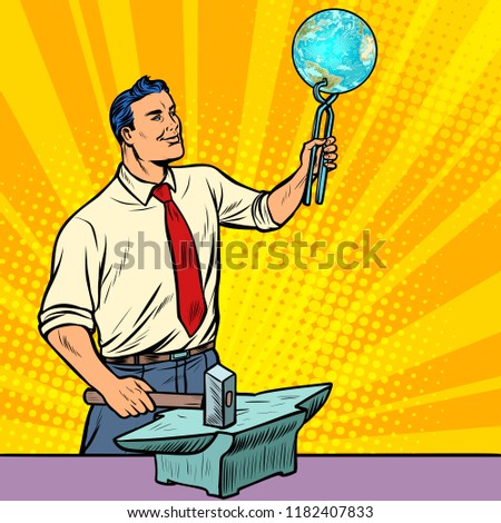 The scientist forges on the anvil of knowledge about planet earth. Pop art retro illustration vintage kitsch drawing