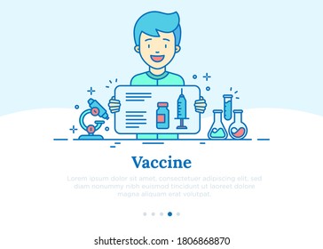 Scientist found vaccine concept. Thin line icons: syringe and ampoule, laboratory test, vaccine trials. Vector illustration.