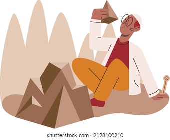 Scientist geologist explores mountain hills and plants in nature. Biologists studying environment and stones. Explorer in forest conducts experiments takes care of ecology. Researcher study flora
