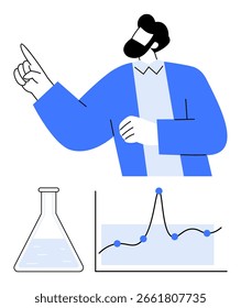 Cientista gestando gráfico de frasco de laboratório com pontos de dados. Ideal para aprendizagem, ciência, educação, pesquisa, análise, apresentação, inovação. Metáfora de linha