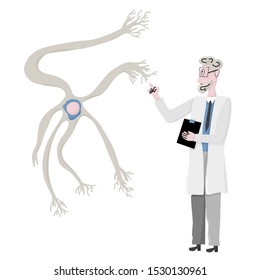 Scientist and giant neuron cells with long axons. Vector illustartion.