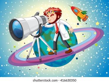 Scientist with giant telescope illustration