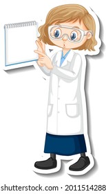 Scientist girl cartoon character holding blank note paper illustration