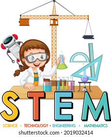 Scientist girl cartoon character with STEM education logo illustration