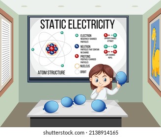 Niña científica haciendo experimento de ciencia de la electricidad estática ilustración