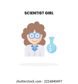 Icono plano de la chica científica. Ilustración vectorial sobre fondo blanco. Se puede usar para productos digitales, presentación, interfaz de usuario y muchos más.
