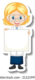 Scientist girl holding empty board in sticker style illustration