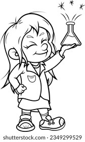 Scientist girl holding an experiment, vector illustration, no background and no color to paint.