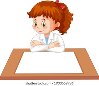 Uniforme de chica científica con papel en blanco en la ilustración de la mesa