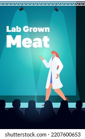scientist giving speech at tribune cultured red raw meat made from animal cells artificial lab grown meat production
