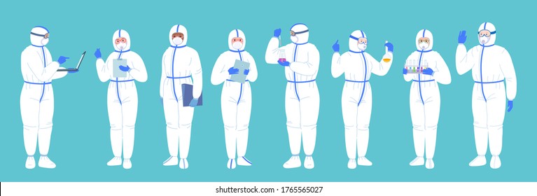 Scientist group in lab, protective suits, mask. Chemical laboratory research flat cartoon set. Discovery concept vaccine coronavirus. Scientists flasks, microscope, computer, working antiviral remedy