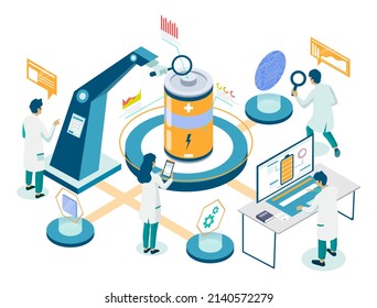 Scientist group work on eco battery vector. Green energy generation and electric efficiency checking. Energy storage research, eco-friendly power and rechargeable accumulator