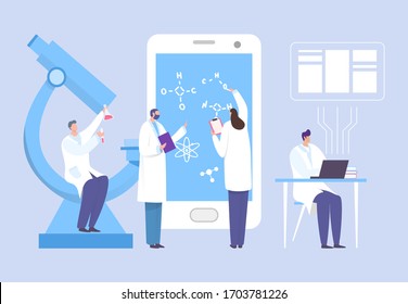 Grupo científico que trabaja en la ilustración conceptual de laboratorio vectorial. El hombre y la mujer formulan la fórmula de la vacuna en grandes pantallas electrónicas. Especialista con frascos sentados en microscopio ampliado.