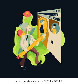 Scientist guy holding a pencil to draw on a big board with profile in it, Scientist vector illustration