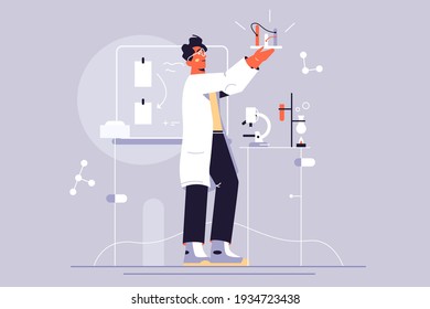 Scientist guy makes discovery vector illustration. Professional scientist chemical researchers work with lab tools flat style. Scientific research and technology concept. Isolated on grey background