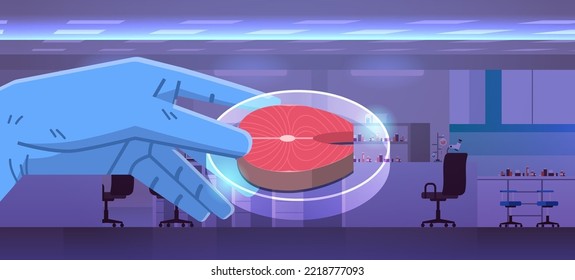 scientist hand holding cultured red raw fish meat made from animal cells artificial lab grown meat production concept