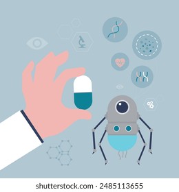 Scientist hand holds smart nano robot doing clinical research. Nano tech laboratory. Nano bots fight against disease. Scientific and medical research and treatment using nanobots, technology of future