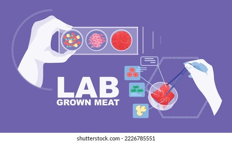 Wissenschaftler Hände analysieren DNA von kultiviertem rotem Rohfleisch aus Tierzellen künstliche Laborproduktion Fleisch