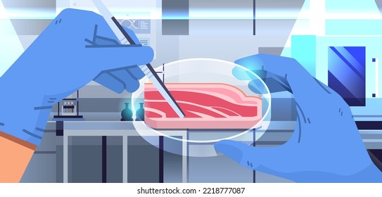 manos de científicos con carne cruda roja cultivada hecha de células animales concepto de producción de carne cultivada en laboratorio artificial