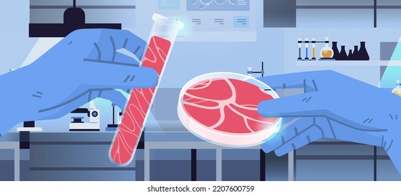 Wissenschaftliche Hände, die Teströhren mit kultiviertem rotem Fleisch aus Tierzellen halten Kunstlab aus der Fleischproduktion