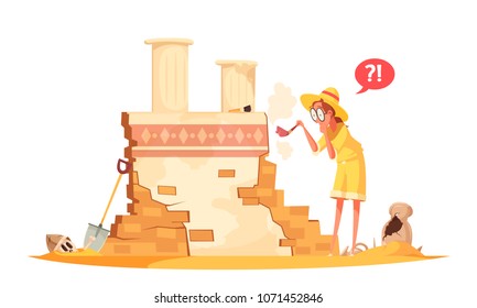 Scientist in hat with brush during archaeological works with ruin of ancient architecture cartoon vector illustration