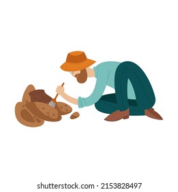 scientist in hat cleans Search and study fragments of ancient ceramic vase. Cartoon vector illustration of science artifacts