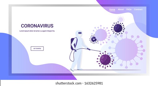 scientist in hazmat suit cleaning and disinfecting coronavirus cells epidemic MERS-CoV virus concept wuhan 2019-nCoV pandemic health risk full length horizontal copy space vector illustration