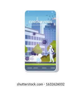 scientist in hazmat suit cleaning disinfecting coronavirus cells epidemic MERS-CoV virus wuhan 2019-nCoV pandemic health risk cityscape background mobile app copy space vector illustration